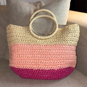 TALBOTS CROCHET STRAW CIRCLE-HANDLED TOTE BAG PINK,PEACH, BEIGE NWOT